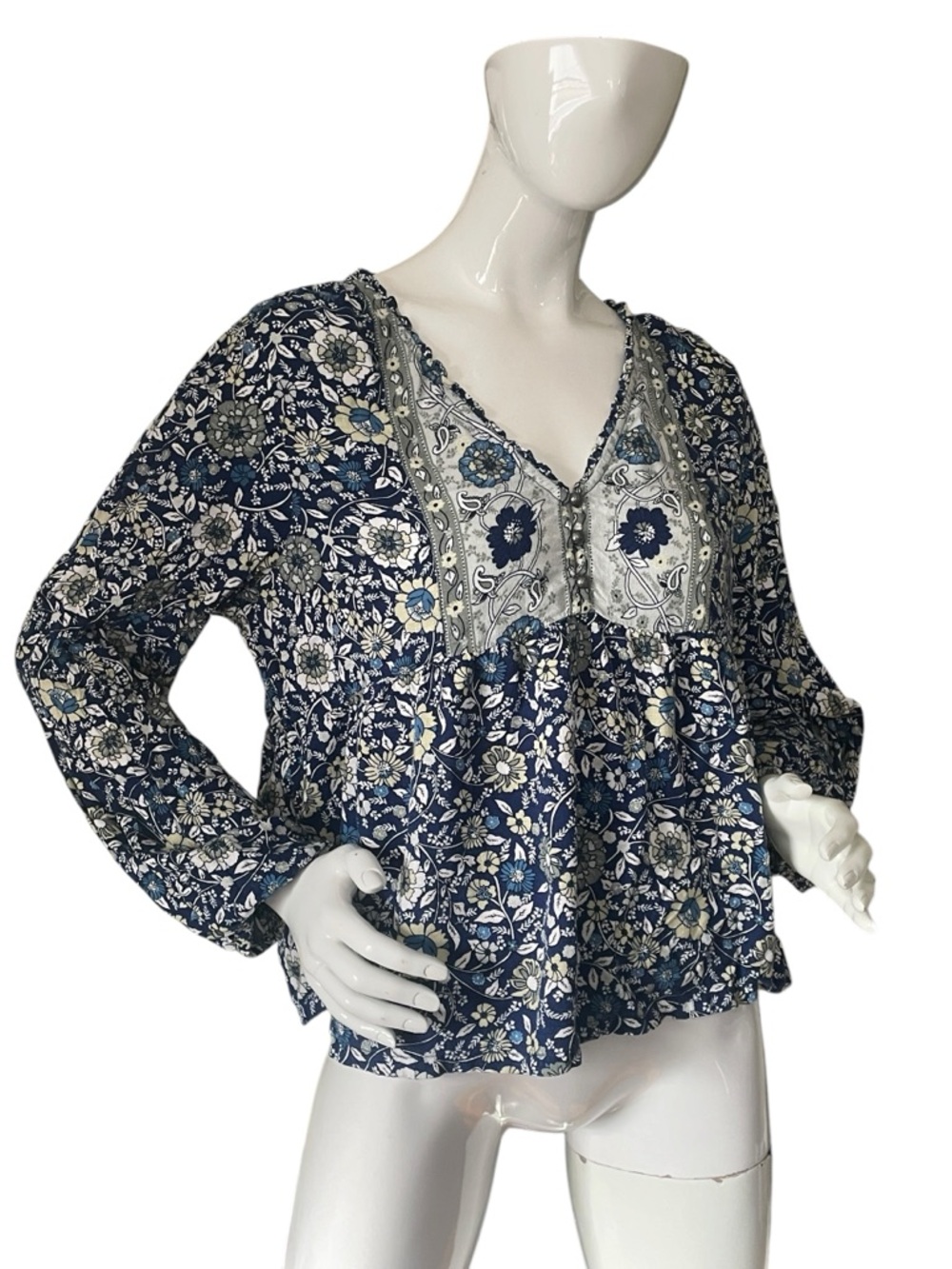 Lucky Brand Boho Floral V-Neck Long Sleeve Peasant Top - Blue